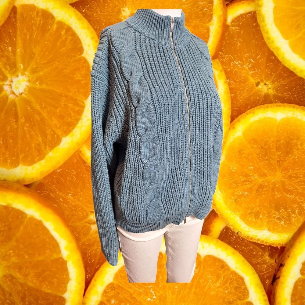 Haven Well Within‎ Cable Knit Full Zip Sweater Jacket Blue Cotton Blend M
